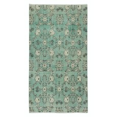 Green Color Handmade Turkish Accent Rug with Flower Design. Woolen Floor Covering
