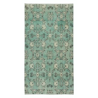 Green Color Handmade Turkish Accent Rug with Flower Design. Woolen Floor Covering