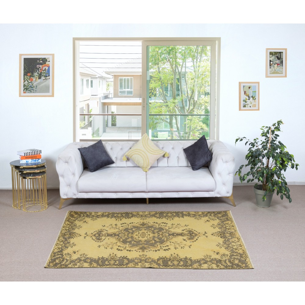 Decorative Handmade Turkish Area Rug in Yellow with Medallion Design