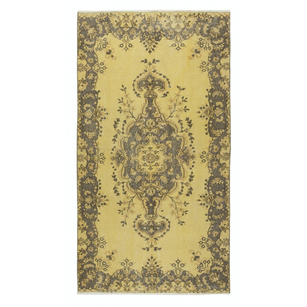 Decorative Handmade Turkish Area Rug in Yellow with Medallion Design