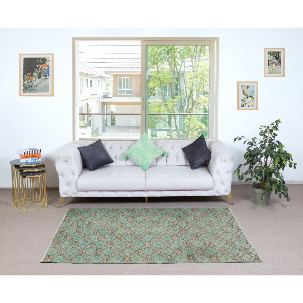 Hand knotted Vintage Floral Design Turkish Accent Rug in Shades of Green