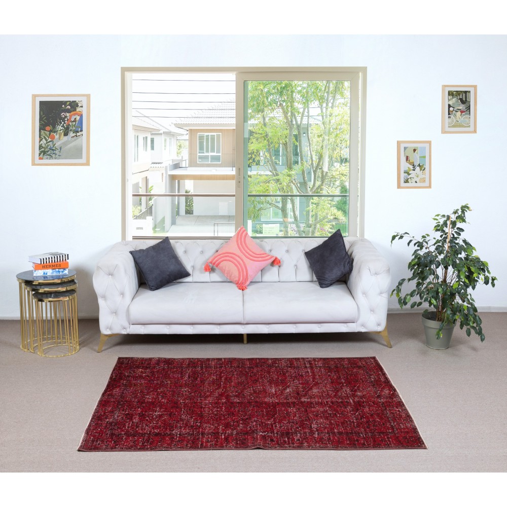Contemporary Handmade Wool Turkish Accent Rug Over-Dyed in Red