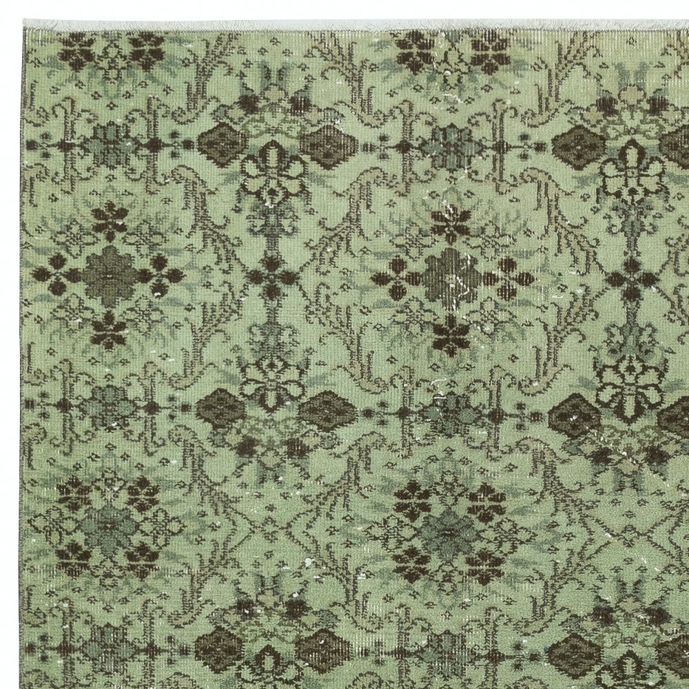 Modern Handmade Turkish Accent Rug with Floral Design and Green Background