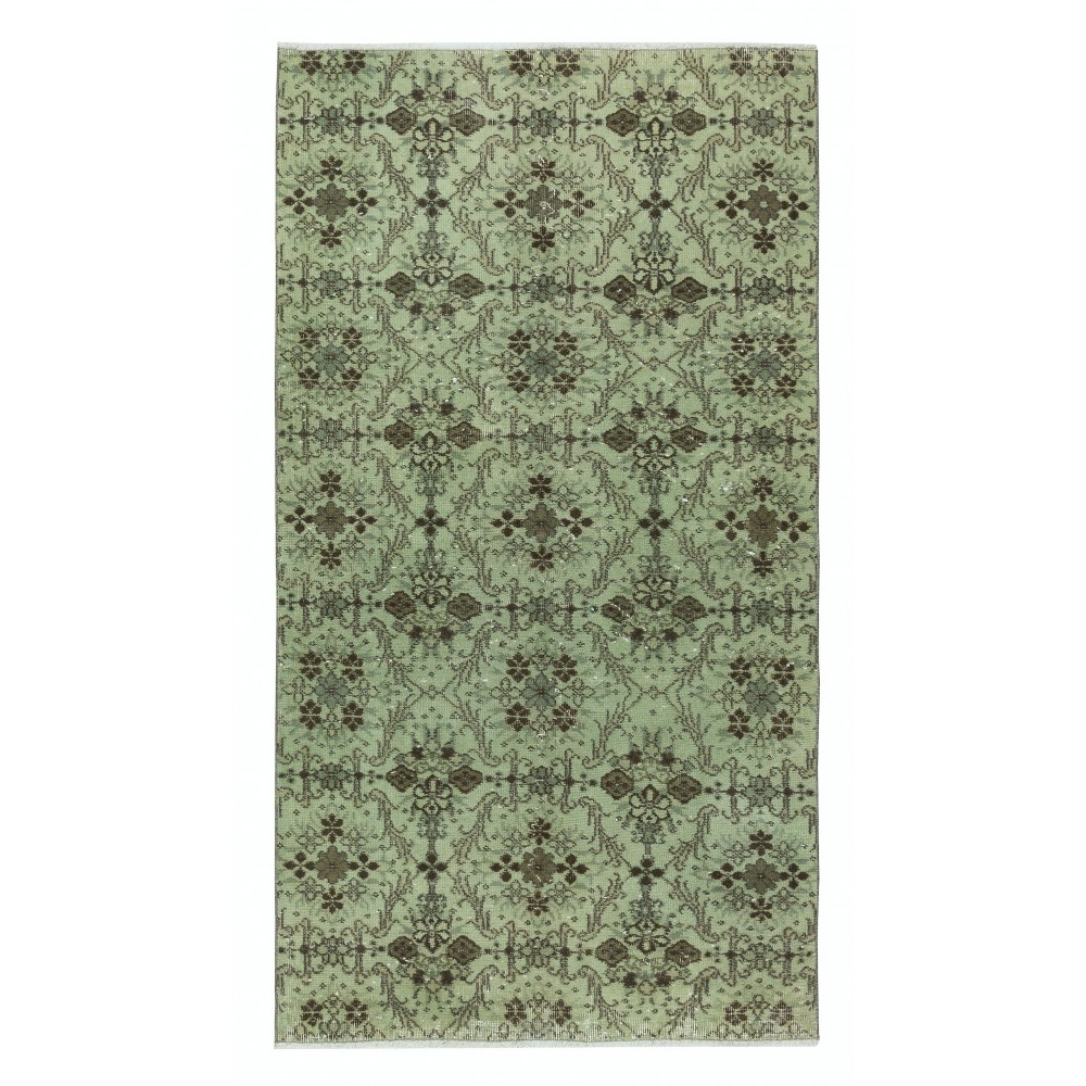 Modern Handmade Turkish Accent Rug with Floral Design and Green Background