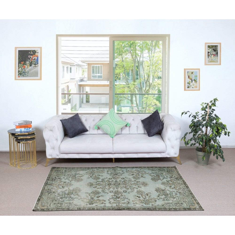 Modern Handmade Anti-Bacterial Turkish Accent Rug with Floral Design and Light Blue Background