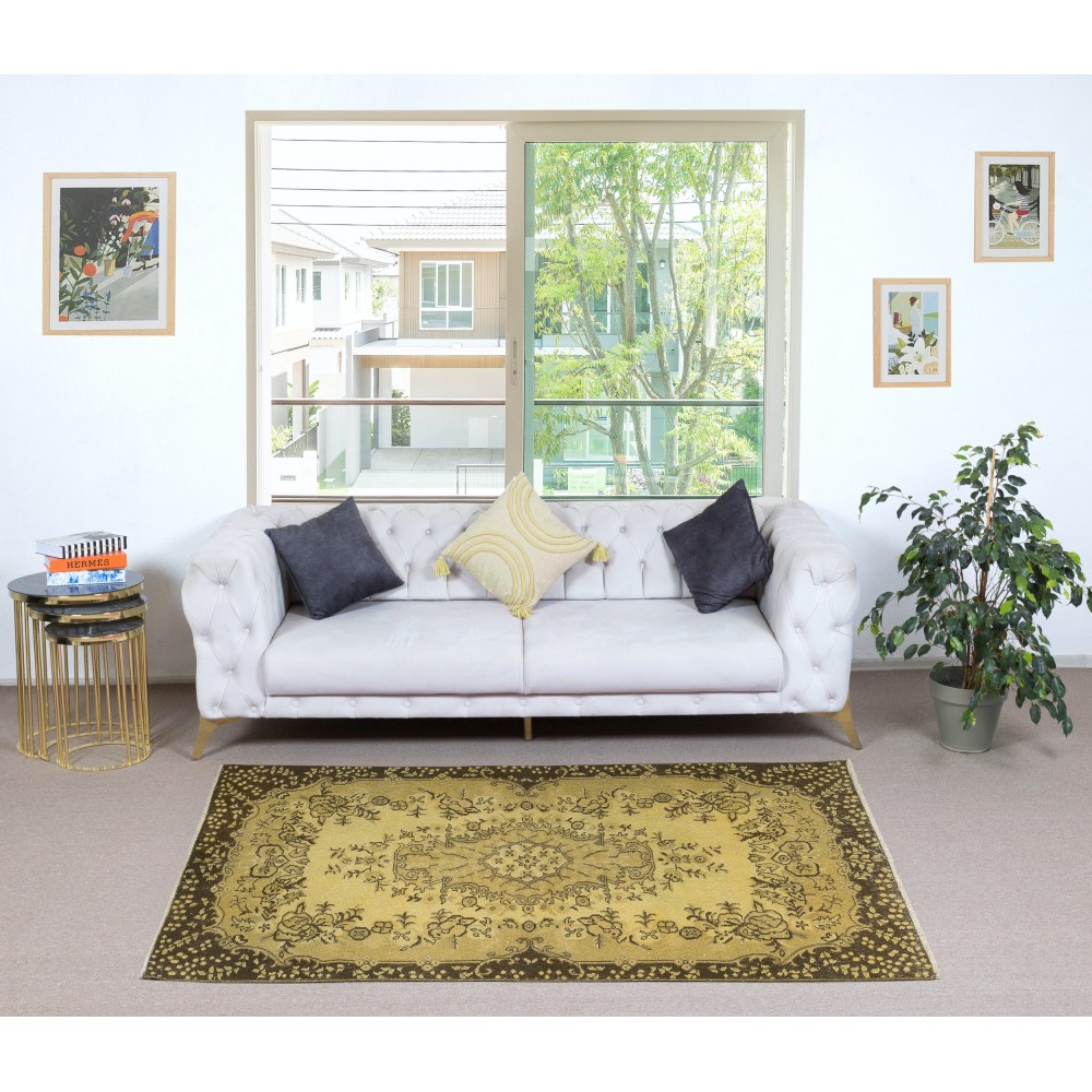 Vintage Turkish Area Rug redyed in Yellow Color for modern interiors