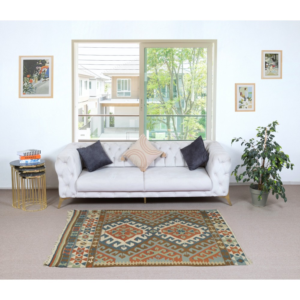 Vintage Handwoven Turkish Wool Kilim Rug (Flat Weave) with Geometric Patterns