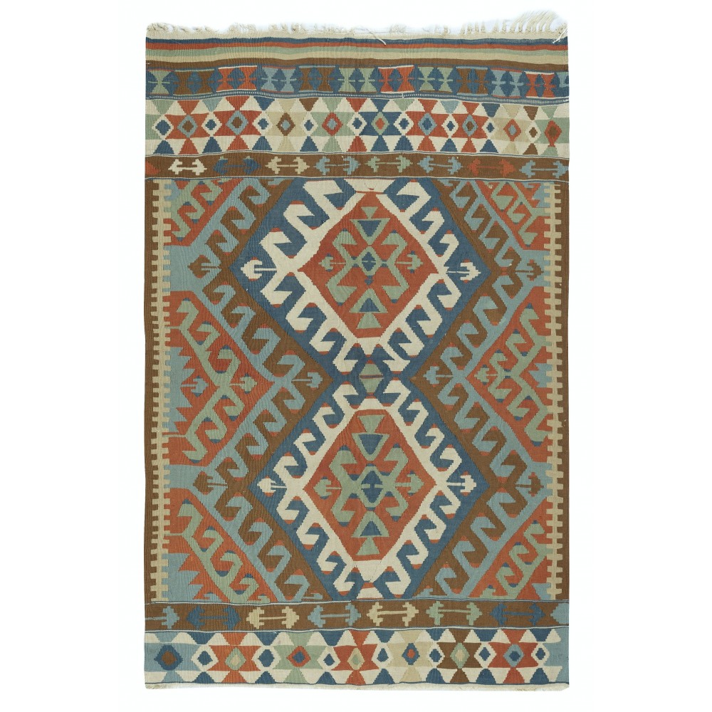 Vintage Handwoven Turkish Wool Kilim Rug (Flat Weave) with Geometric Patterns