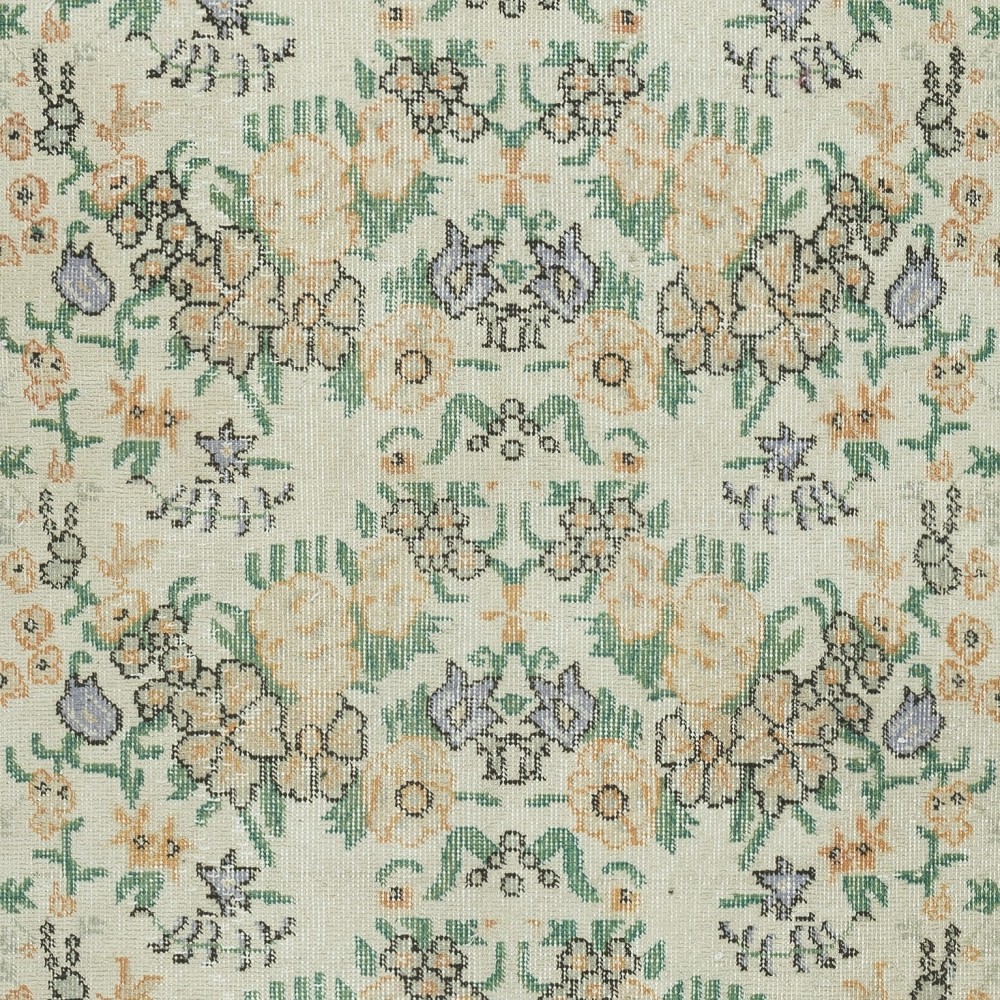 Vintage Handmade Beige Turkish Rug with Floral Design & Solid Green Border