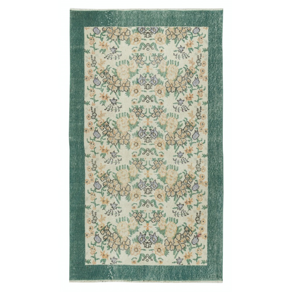 Vintage Handmade Beige Turkish Rug with Floral Design & Solid Green Border