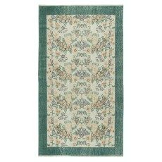 Vintage Handmade Beige Turkish Rug with Floral Design & Solid Green Border
