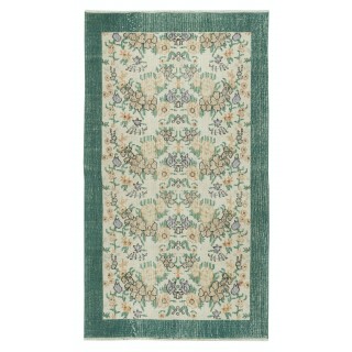 Vintage Handmade Beige Turkish Rug with Floral Design & Solid Green Border