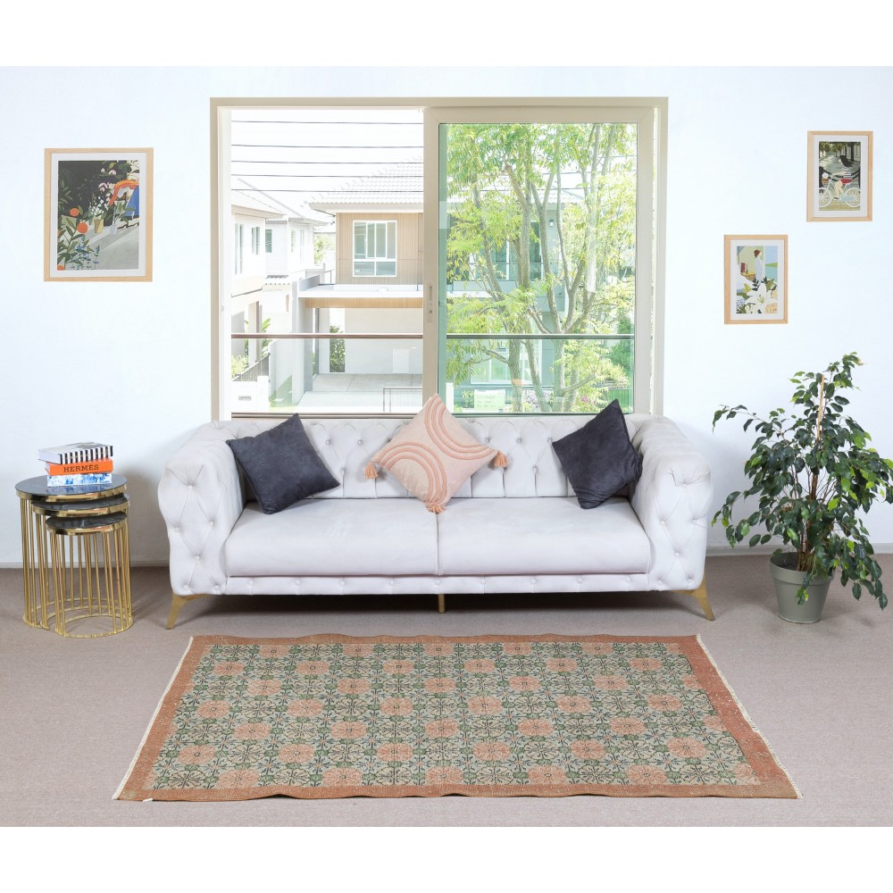 Vintage Hand-Made Turkish Green Area Rug with Floral Design & Solid Red Border