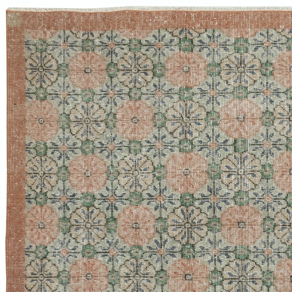 Vintage Hand-Made Turkish Green Area Rug with Floral Design & Solid Red Border