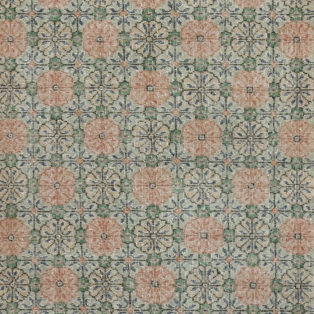 Vintage Hand-Made Turkish Green Area Rug with Floral Design & Solid Red Border