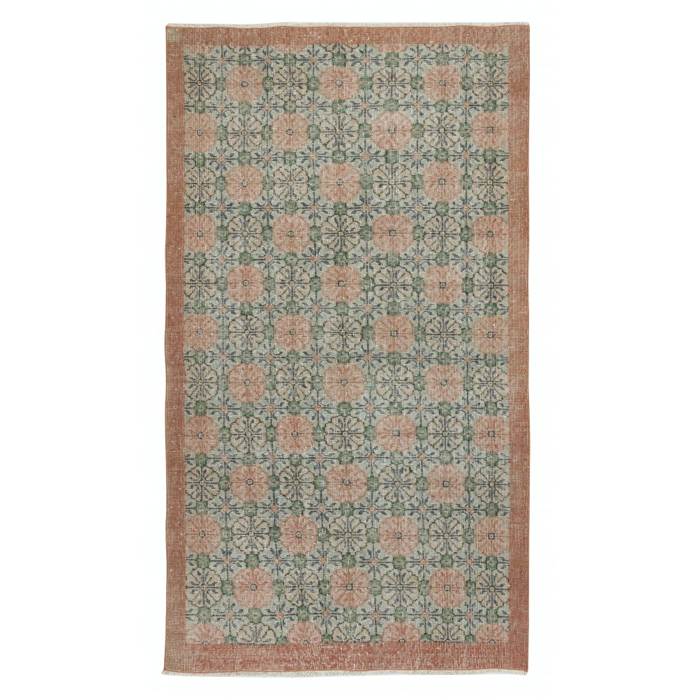 Vintage Hand-Made Turkish Green Area Rug with Floral Design & Solid Red Border