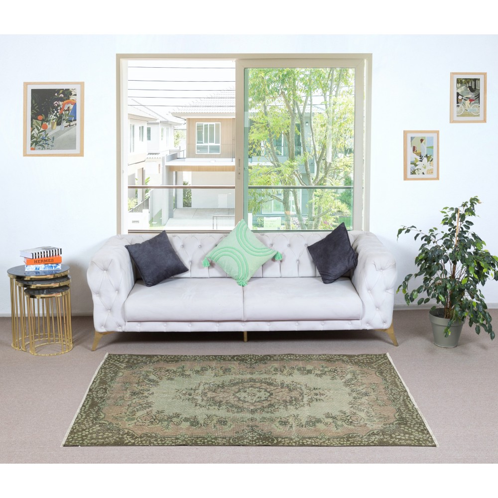Green Color Modern Accent Rug with Medallion Design, Handmade in Turkey