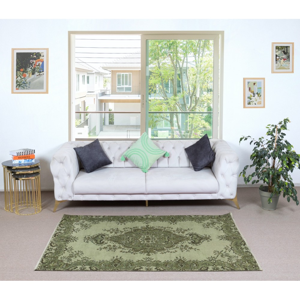 Green Color Medallion Design Accent Rug for Modern Interiors, Handmade in Turkey