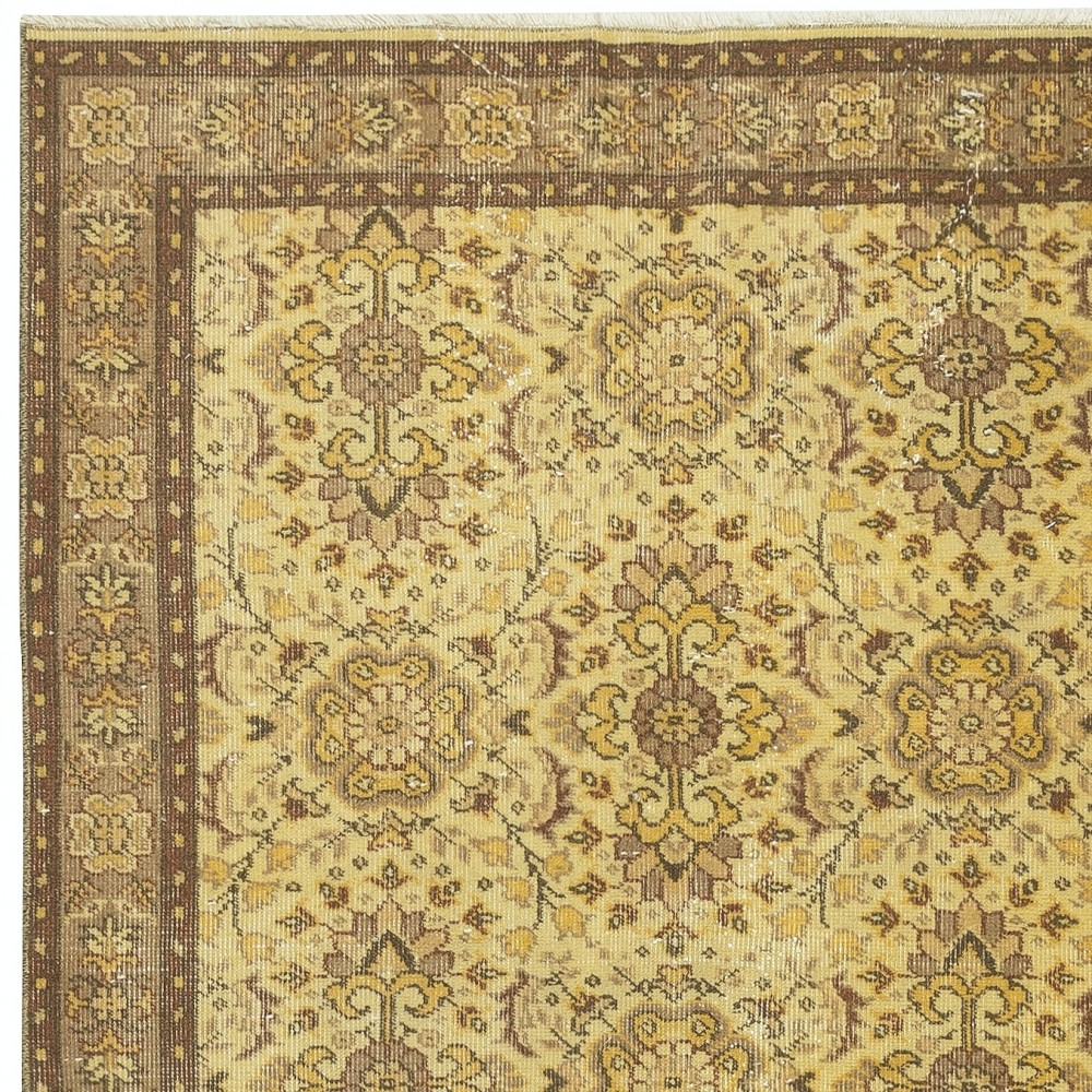 Vintage Floral Design Turkish Area Rug redyed in Yellow Color for modern interiors