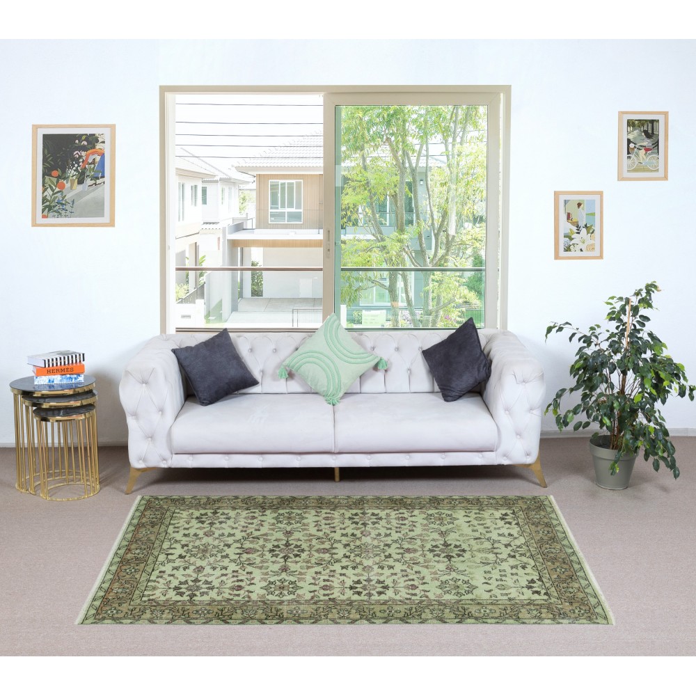 Contemporary Handmade Green Color Turkish Accent Rug with Floral Design