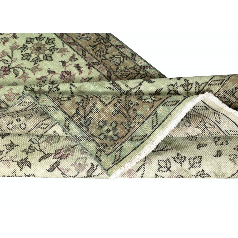 Contemporary Handmade Green Color Turkish Accent Rug with Floral Design