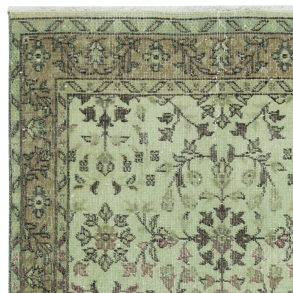 Contemporary Handmade Green Color Turkish Accent Rug with Floral Design