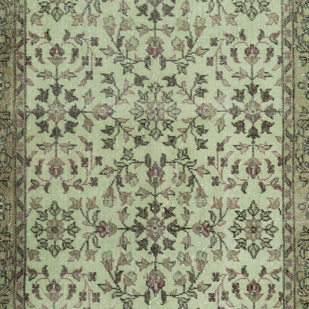 Contemporary Handmade Green Color Turkish Accent Rug with Floral Design