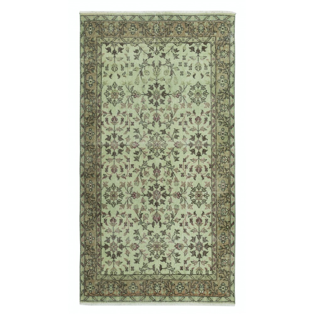Contemporary Handmade Green Color Turkish Accent Rug with Floral Design