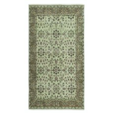 Contemporary Handmade Green Color Turkish Accent Rug with Floral Design