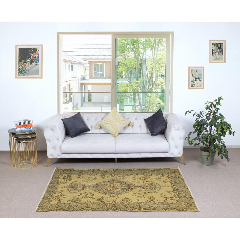 Vintage Turkish Area Rug redyed in Yellow Color for modern interiors