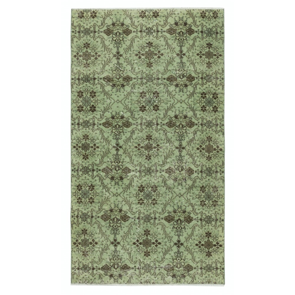 Modern Floral Patterned Area Rug in Green. Hand-Knotted in Turkey