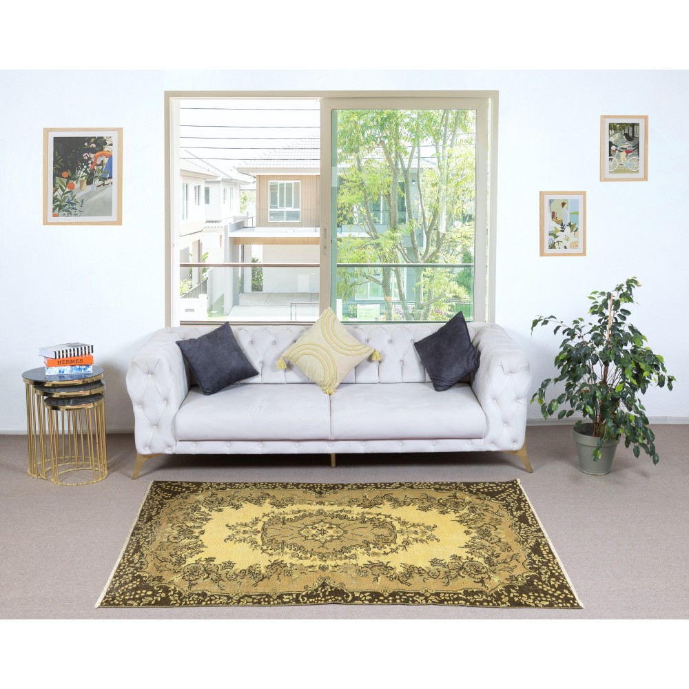 Modern Handmade Anti-bacterial Turkish Rug in Yellow Color, Woolen Floor Covering