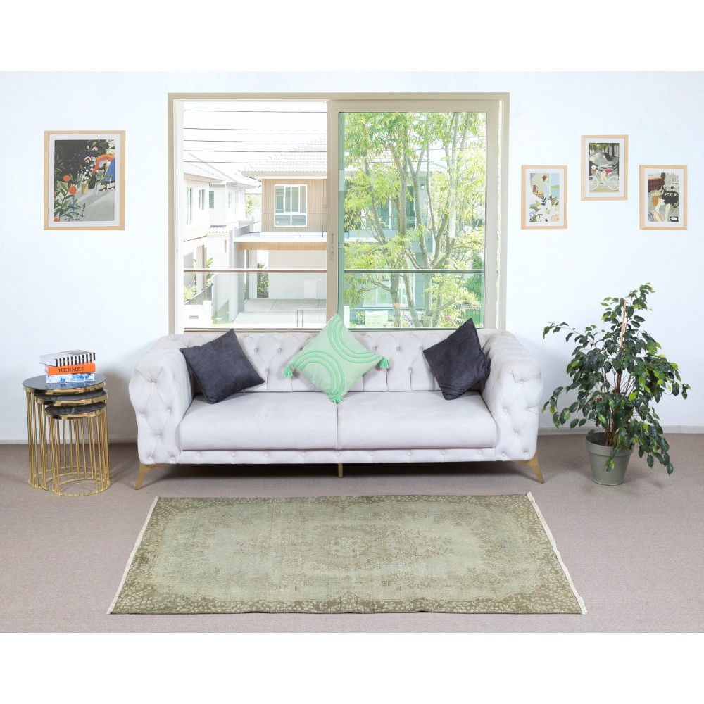 Modern Turkish Floor Rug in Green Color. Hand Knotted Area Rug for Kitchen and Living Room