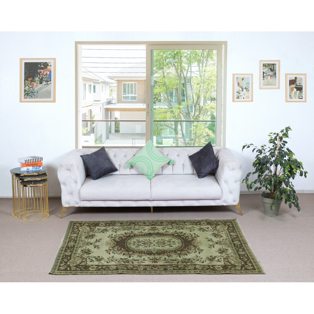 Hand-Knotted Baroque Style Turkish Wool Area Rug in Green