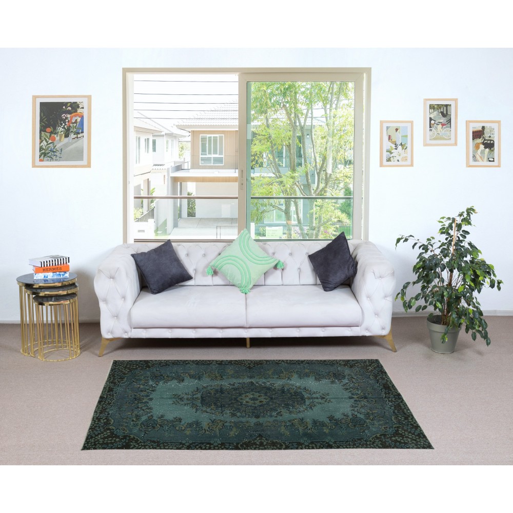 Modern Handmade Blue Color Turkish Wool Area Rug with Medallion Design