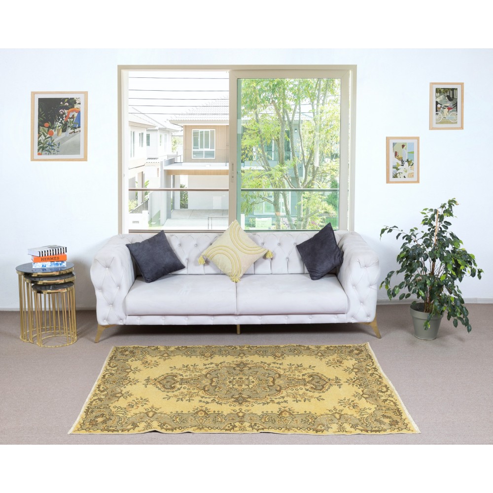 Modern Handmade Turkish Area Rug with Medallion Design & Yellow Background
