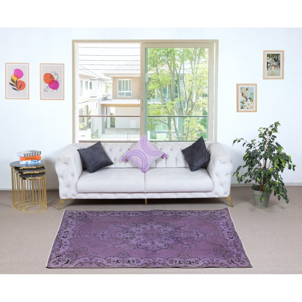 Hand-Made Purple Floor Rug from Turkey, Redyed Bohem Carpet for Living Room