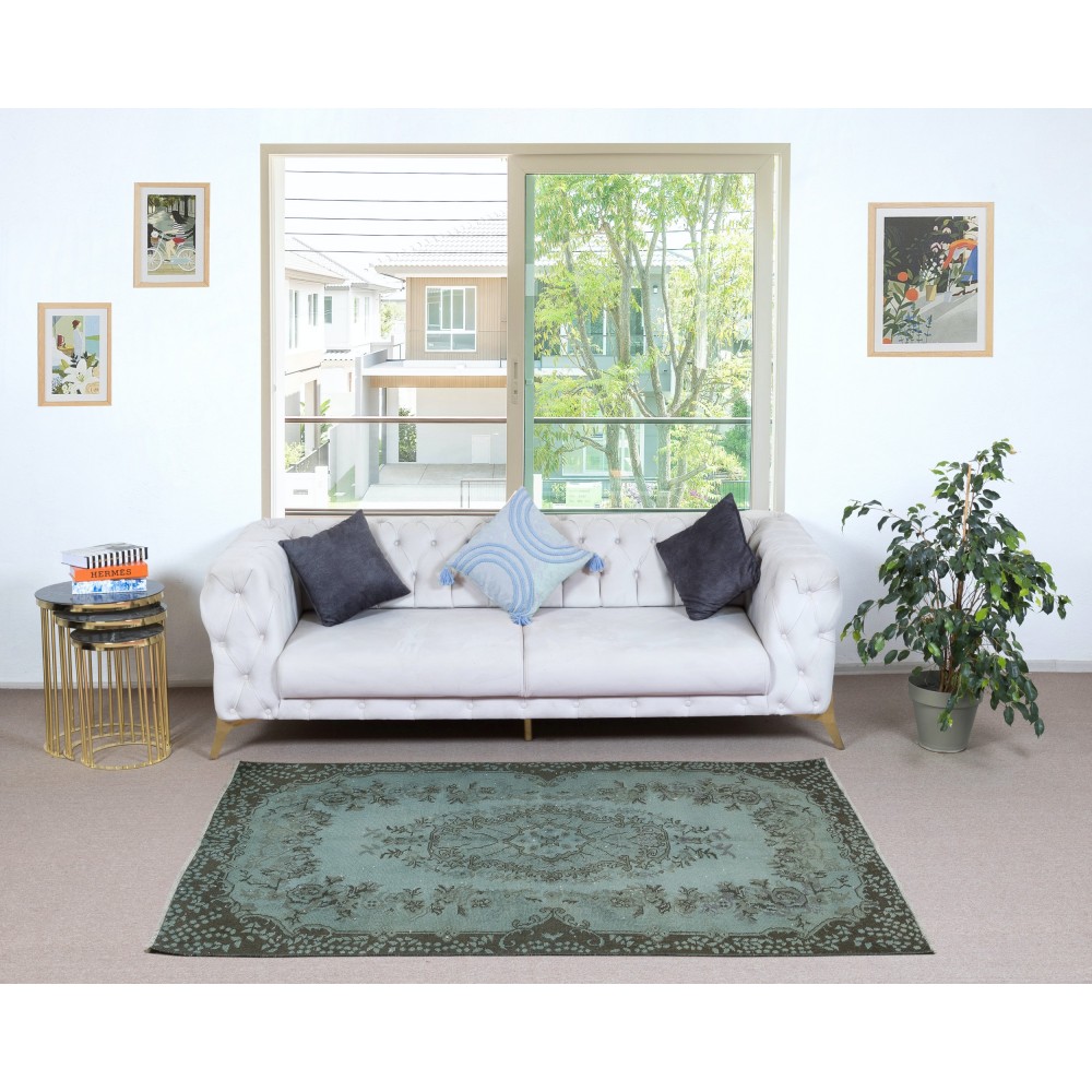 Contemporary Handmade Turkish Area Rug Over-Dyed in Blue. Woolen Floor Covering