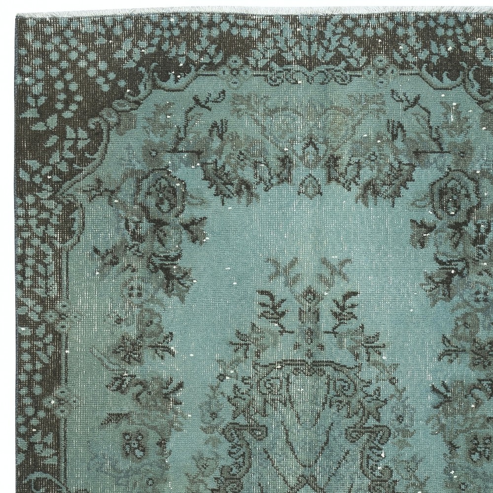 Contemporary Handmade Turkish Area Rug Over-Dyed in Blue. Woolen Floor Covering