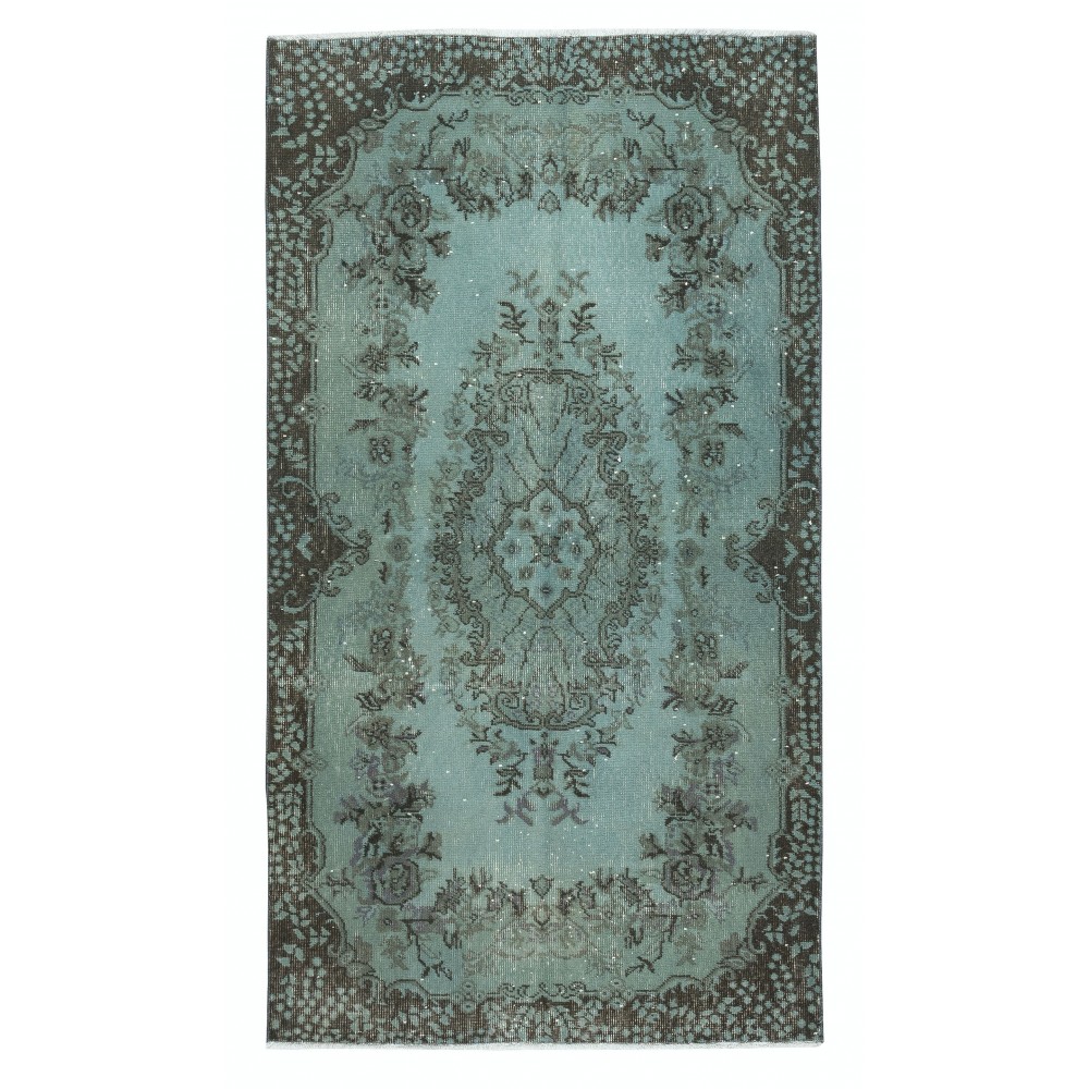 Contemporary Handmade Turkish Area Rug Over-Dyed in Blue. Woolen Floor Covering