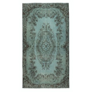 Contemporary Handmade Turkish Area Rug Over-Dyed in Blue. Woolen Floor Covering