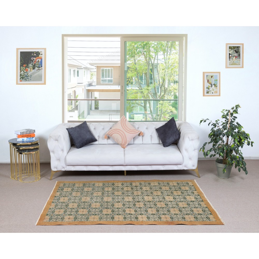 Vintage Hand-Made Turkish Green Area Rug with Floral Design & Solid Orange Border