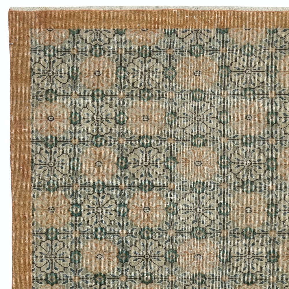 Vintage Hand-Made Turkish Green Area Rug with Floral Design & Solid Orange Border
