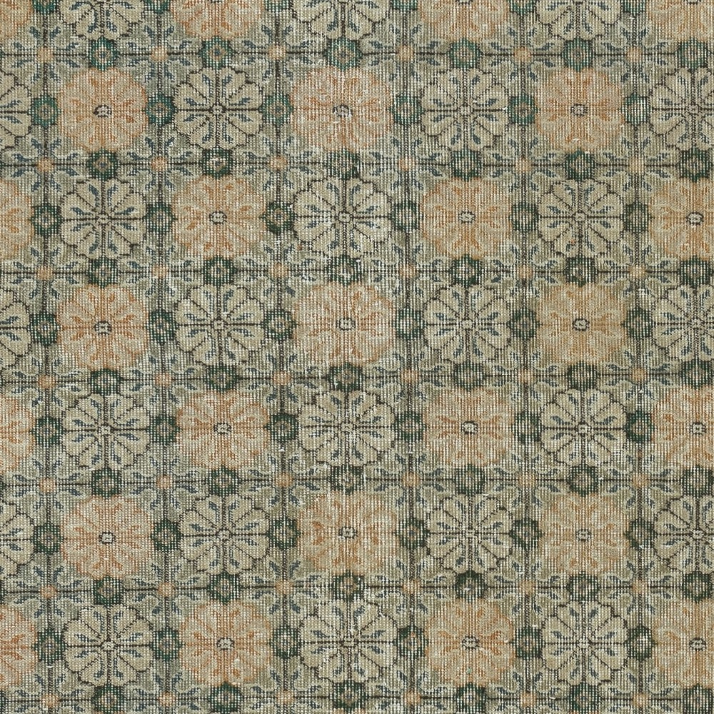 Vintage Hand-Made Turkish Green Area Rug with Floral Design & Solid Orange Border