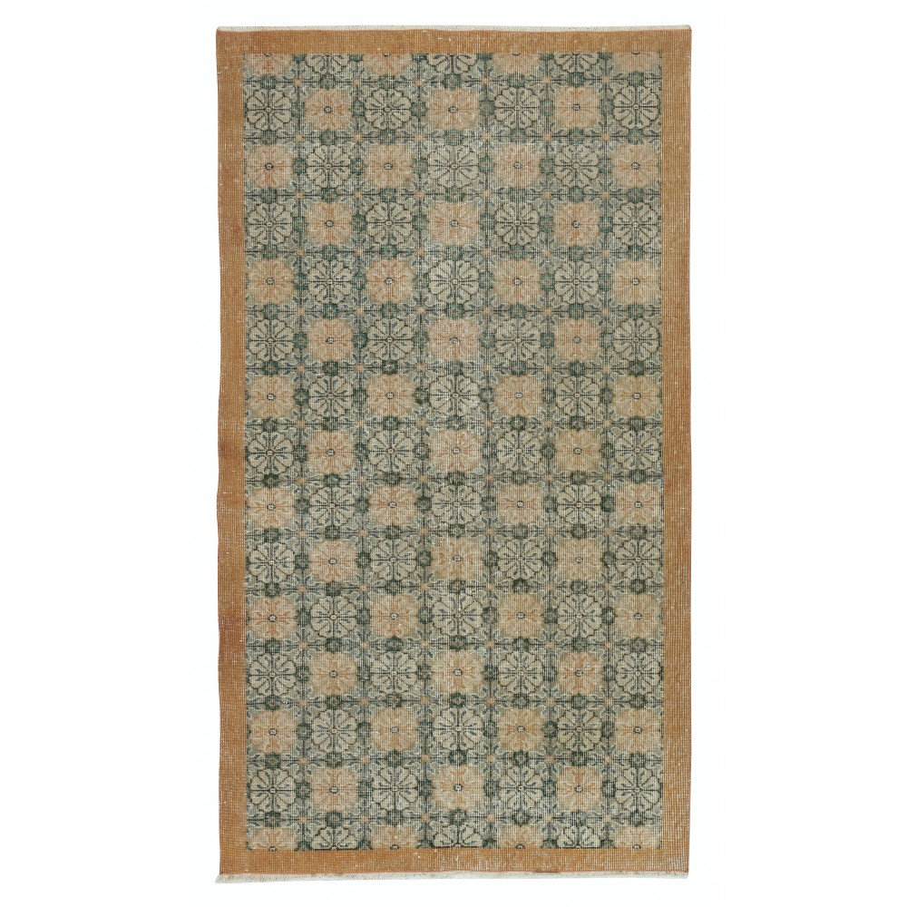Vintage Hand-Made Turkish Green Area Rug with Floral Design & Solid Orange Border