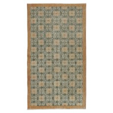 Vintage Hand-Made Turkish Green Area Rug with Floral Design & Solid Orange Border