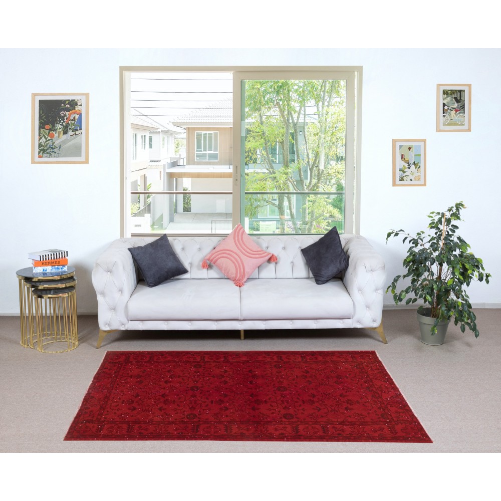 Handmade Turkish Accent Rug with Floral Design in Red Color