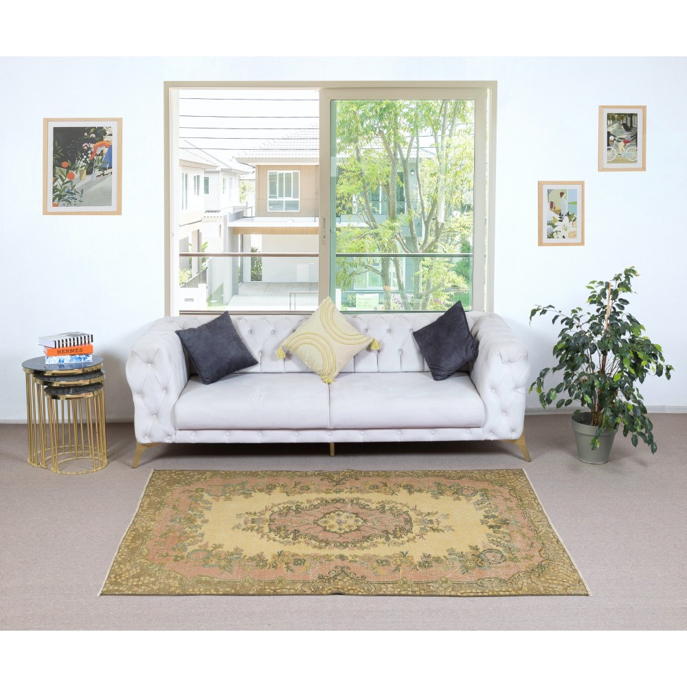 Yellow Turkish Area Rug, Handmade Accent Rug, Bohemian Style Floor Covering