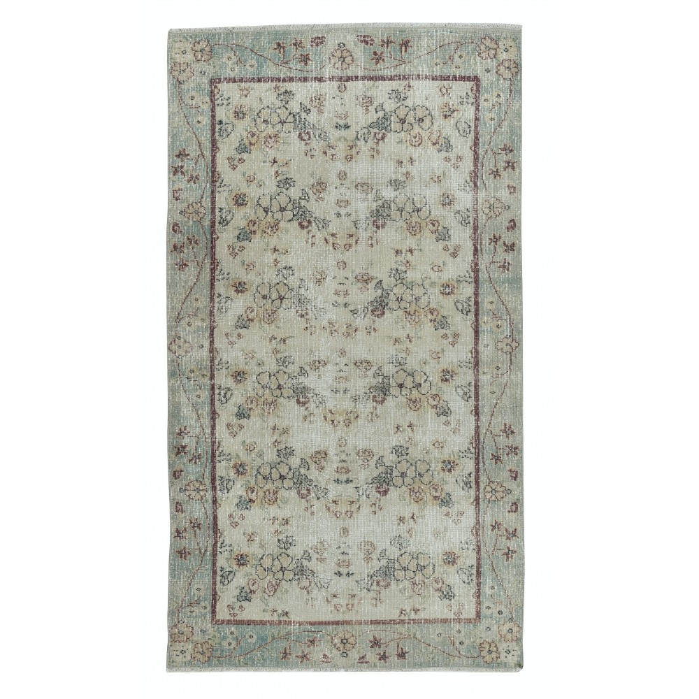 Vintage Handmade Beige Turkish Accent Rug with Floral Design