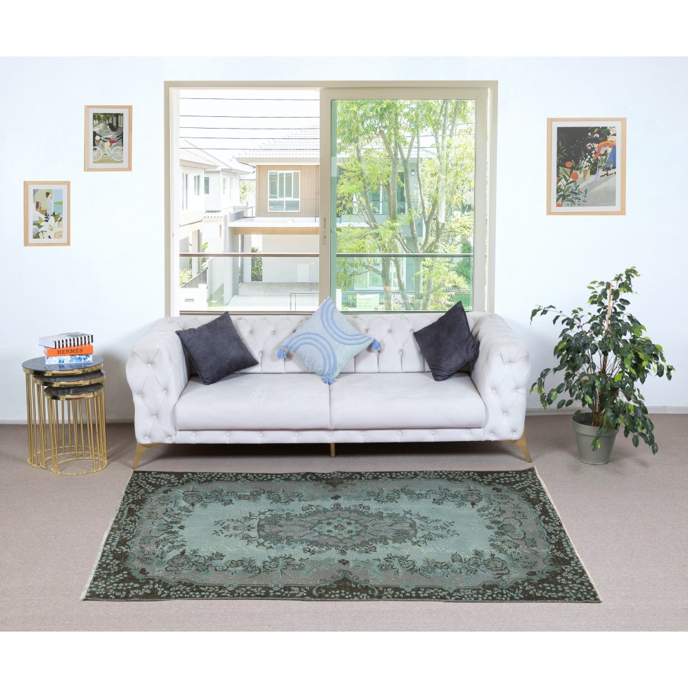 Modern Handmade Blue Color Turkish Wool Area Rug with Medallion Design